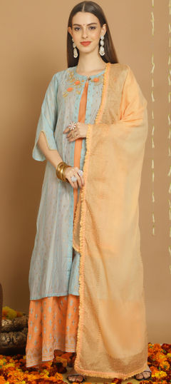 Blue color Salwar Kameez in Chanderi Silk fabric with Lace, Zardozi work