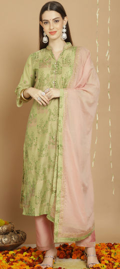 Green color Salwar Kameez in Chanderi Silk fabric with Lace, Zardozi work