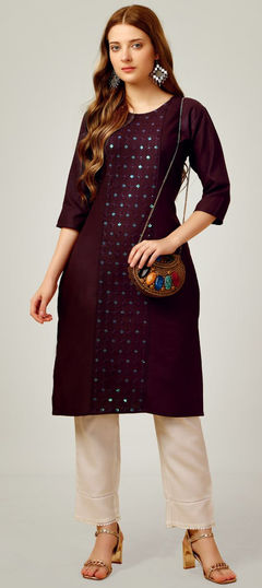 Purple and Violet color Salwar Kameez in Blended Cotton fabric with Embroidered, Sequence work