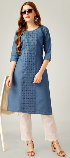 Blue color Salwar Kameez in Blended Cotton fabric with Embroidered, Sequence work