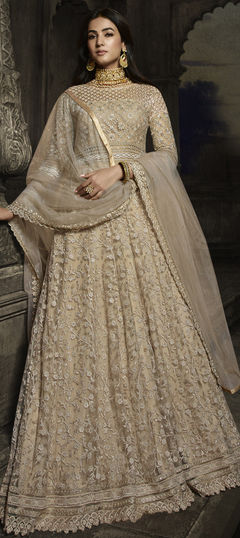 Festive, Party Wear, Wedding White and Off White color Salwar Kameez in Net fabric with Anarkali Embroidered work : 1917030