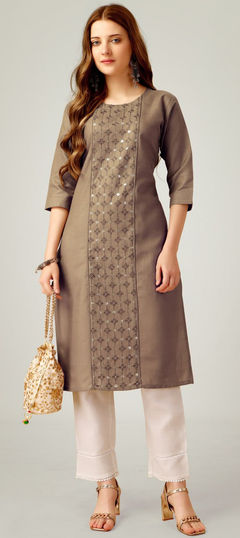 Beige and Brown color Salwar Kameez in Blended Cotton fabric with Embroidered, Sequence work