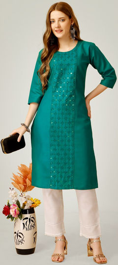 Green color Salwar Kameez in Blended Cotton fabric with Embroidered, Sequence work