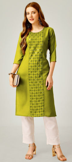 Green color Salwar Kameez in Blended Cotton fabric with Embroidered, Sequence work