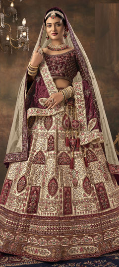 Bridal, Wedding Beige and Brown color Lehenga in Velvet fabric with Flared Embroidered, Resham, Sequence, Thread, Zari work : 1917095