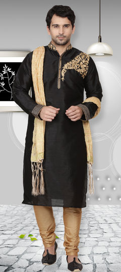 Black and Grey color Kurta Pyjamas in Dupion Silk fabric with Embroidered work