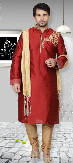 Red and Maroon color Kurta Pyjamas in Dupion Silk fabric with Embroidered work