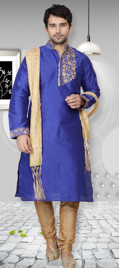 Blue color Kurta Pyjamas in Dupion Silk fabric with Embroidered work