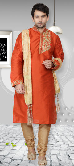 Orange color Kurta Pyjamas in Dupion Silk fabric with Embroidered work