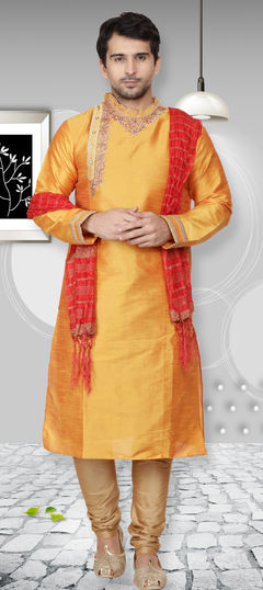 Orange color Kurta Pyjamas in Dupion Silk fabric with Embroidered work