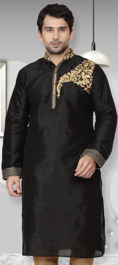 Black and Grey color Kurta in Dupion Silk fabric with Embroidered work