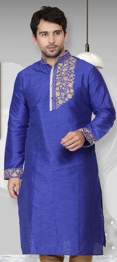 Blue color Kurta in Dupion Silk fabric with Embroidered work