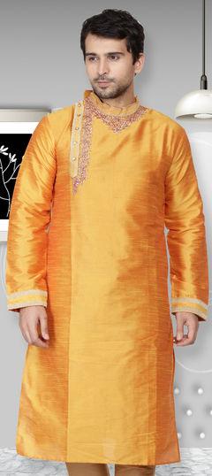 Orange color Kurta in Dupion Silk fabric with Embroidered work