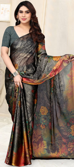 Festive, Party Wear Black and Grey color Saree in Chiffon fabric with Classic Floral, Printed work : 1917199