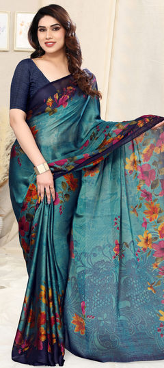 Festive, Party Wear Blue color Saree in Chiffon fabric with Classic Floral, Printed work : 1917201