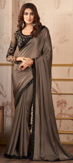 Reception, Wedding Beige and Brown color Saree in Satin Silk fabric with South Embroidered, Resham, Sequence, Thread work : 1917270