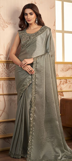 Reception, Wedding Black and Grey color Saree in Silk fabric with South Embroidered, Resham, Sequence, Thread work : 1917271