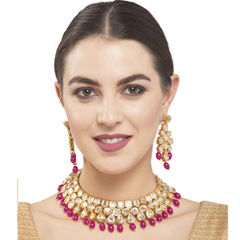 Gold Rodium Polish Pink and Majenta color Necklace in Metal Alloy studded with CZ Diamond, Kundan