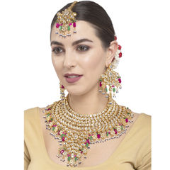 Gold Rodium Polish Pink and Majenta color Necklace in Metal Alloy studded with CZ Diamond, Kundan