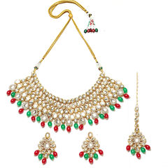 Gold Rodium Polish Green color Necklace in Metal Alloy studded with CZ Diamond, Kundan