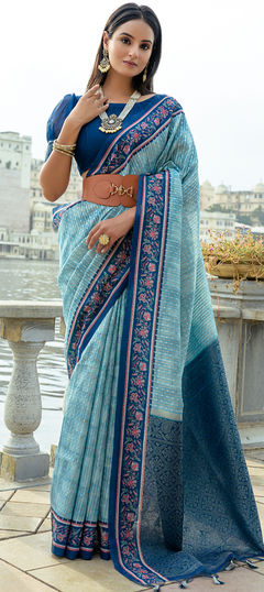 Blue color Saree in Cotton fabric with Floral, Printed work