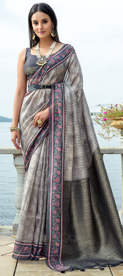 Black and Grey color Saree in Cotton fabric with Floral, Printed work