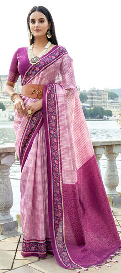 Pink and Majenta color Saree in Cotton fabric with Floral, Printed work