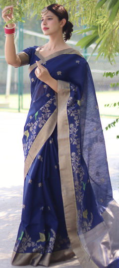 Blue color Saree in Cotton fabric with Floral, Thread, Weaving work