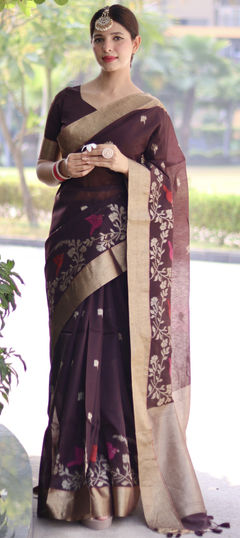 Beige and Brown color Saree in Cotton fabric with Floral, Thread, Weaving work