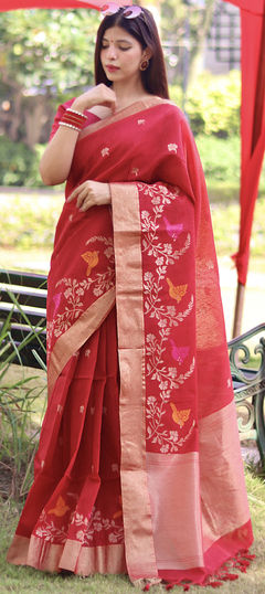 Red and Maroon color Saree in Cotton fabric with Floral, Thread, Weaving work