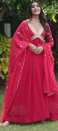 Pink and Majenta color Gown in Georgette fabric with Embroidered, Sequence, Thread, Zari work