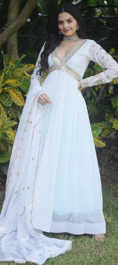 White and Off White color Gown in Georgette fabric with Embroidered, Sequence, Thread, Zari work