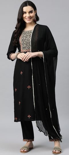 Festive, Summer Black and Grey color Salwar Kameez in Rayon fabric with Straight Embroidered, Resham, Thread work : 1917927