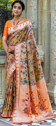 Festive, Traditional Beige and Brown color Saree in Kanjeevaram Silk fabric with South Weaving, Zari work : 1917990