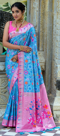 Festive, Traditional Blue color Saree in Kanjeevaram Silk fabric with South Weaving, Zari work : 1917991