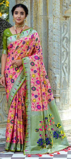 Festive, Traditional Orange color Saree in Kanjeevaram Silk fabric with South Weaving, Zari work : 1917993