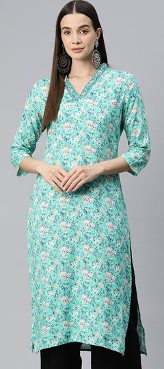 Blue color Kurti in Rayon fabric with Floral, Printed, Resham, Thread work