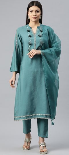 Festive, Party Wear Green color Salwar Kameez in Muslin fabric with Straight Cut Dana, Thread work : 1918257