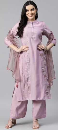 Festive, Party Wear Purple and Violet color Salwar Kameez in Silk fabric with Straight Embroidered, Resham, Thread work : 1918263