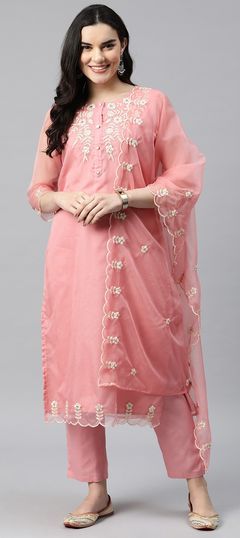 Festive, Party Wear Pink and Majenta color Salwar Kameez in Silk fabric with Straight Embroidered, Resham, Thread work : 1918276