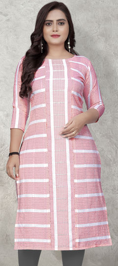 Festive, Party Wear Pink and Majenta color Kurti in Blended Cotton fabric with Long Sleeve, Straight Printed work : 1918279