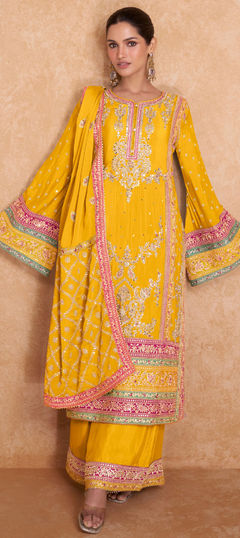 Yellow color Salwar Kameez in Art Silk fabric with Embroidered, Sequence, Thread, Zari work