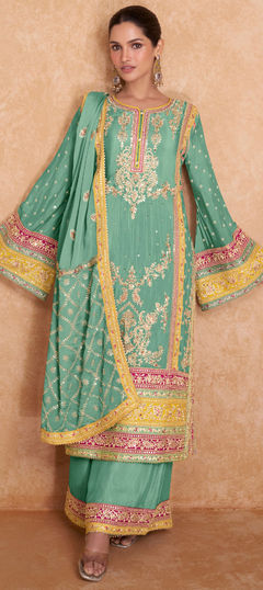 Green color Salwar Kameez in Art Silk fabric with Embroidered, Sequence, Thread, Zari work