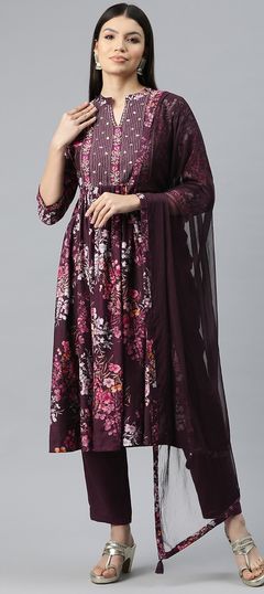 Festive, Party Wear Purple and Violet color Salwar Kameez in Silk fabric with Anarkali Embroidered, Floral, Printed, Resham, Thread work : 1918300