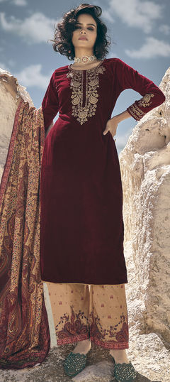 Red and Maroon color Salwar Kameez in Velvet fabric with Embroidered, Printed, Thread work