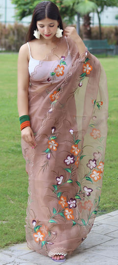 Beige and Brown color Saree in Organza Silk fabric with Printed, Resham, Thread work
