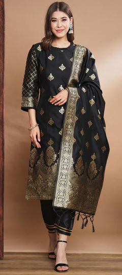 Festive, Party Wear Black and Grey color Salwar Kameez in Jacquard fabric with Straight Weaving, Zari work : 1918547