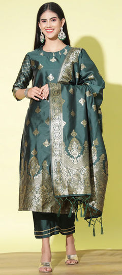 Festive, Party Wear Green color Salwar Kameez in Jacquard fabric with Straight Weaving, Zari work : 1918548