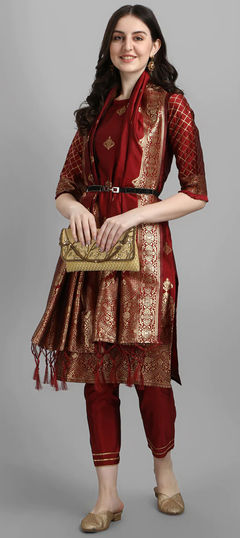 Festive, Party Wear Red and Maroon color Salwar Kameez in Jacquard fabric with Straight Weaving, Zari work : 1918549