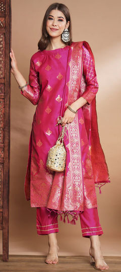 Festive, Party Wear Pink and Majenta color Salwar Kameez in Jacquard fabric with Straight Weaving, Zari work : 1918551